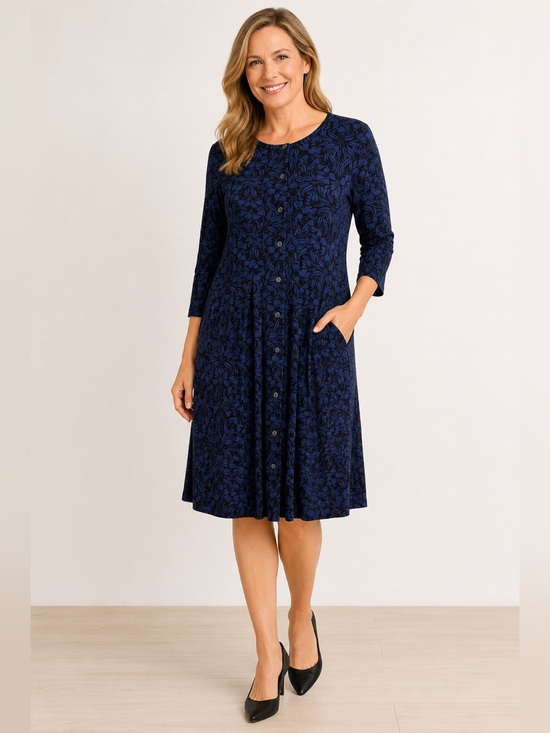 J. Jill Dresses & Skirts - J.Jill Soft Knit Jersey Dress Size Medium Blue Black Print Pockets Button Front